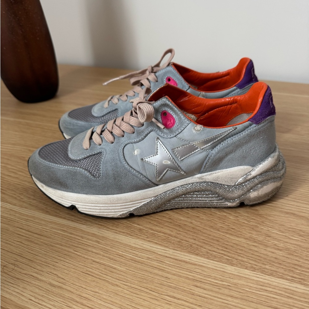 GOLDEN GOOSE Cloud Blue Suede and Orange Running Sole Women's Sneakers - Picture 10 of 11